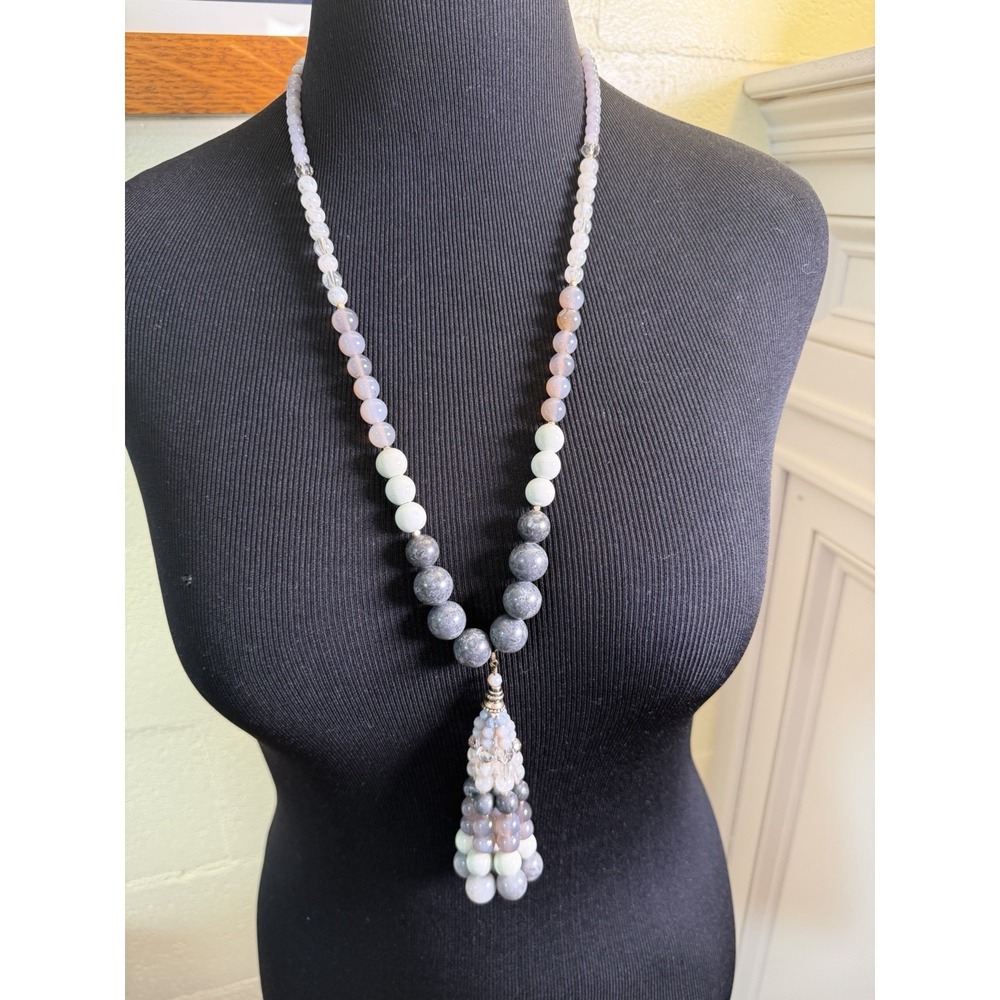 Stone & Glass Beaded Tassel Necklace 33" Gray White Statement Boho Artisan
